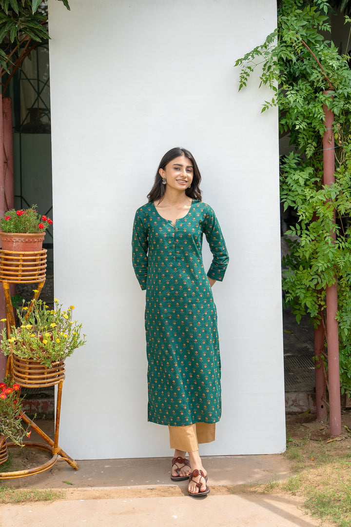 Green Cotton Printed Kurta For Women's