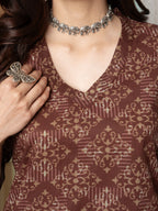 Brown Cotton V-Neck Printed Kurta For Women's