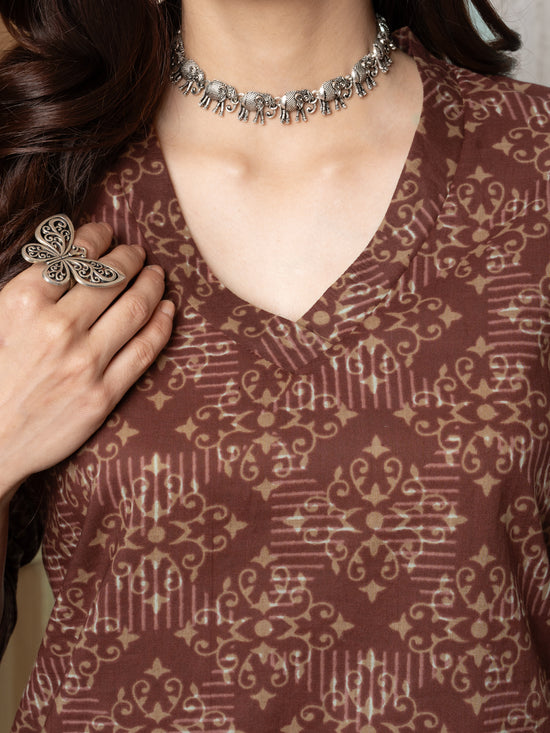 Brown Cotton V-Neck Printed Kurta For Women's