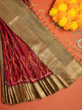 Violet Red Colour Pure Silk Ikkat Print Zari Border Saree