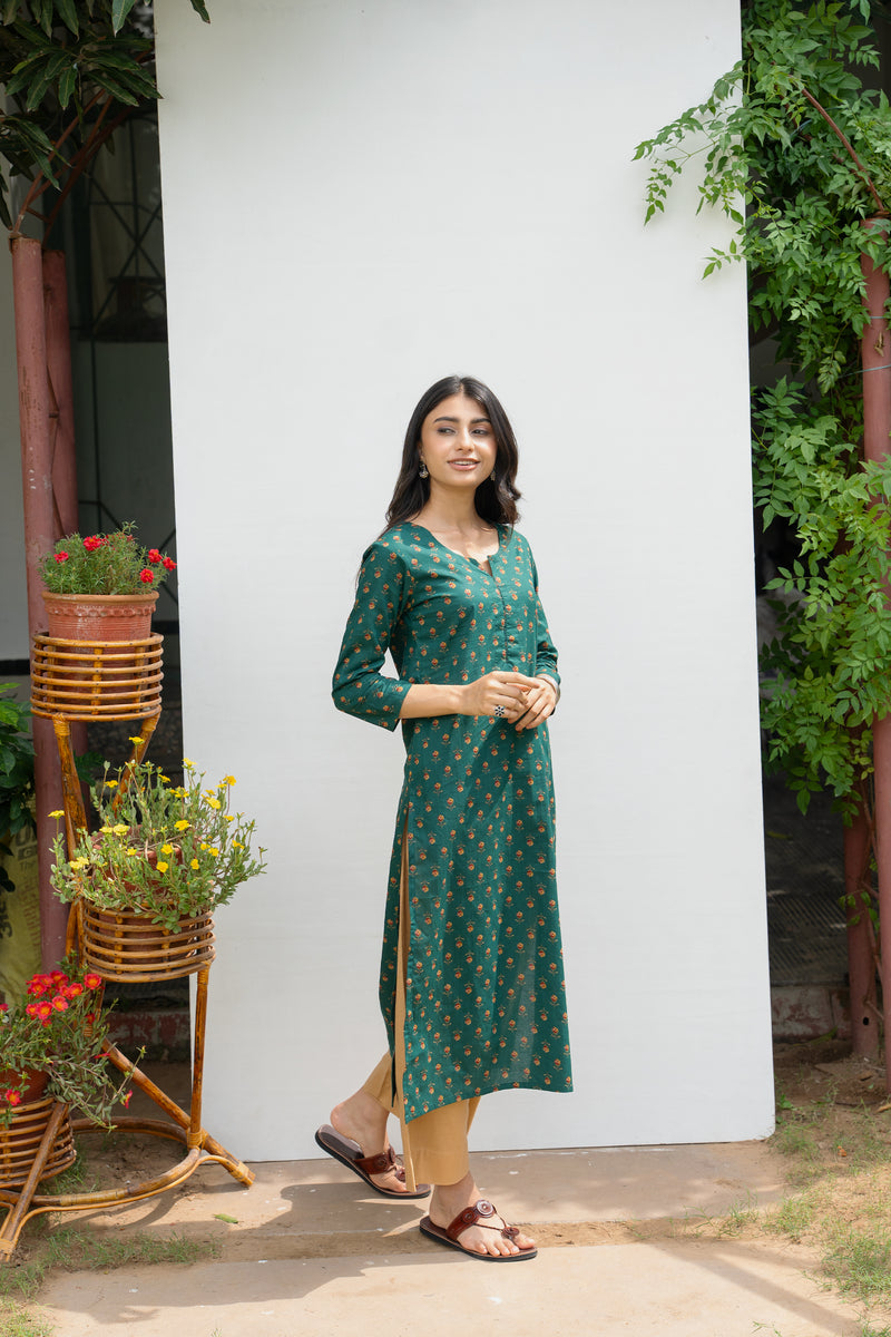 Green Cotton Printed Kurta For Women's