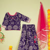 Brinjal Booti Work Round Neck Kids Girl Casual Kurta - Skirt - Dupatta