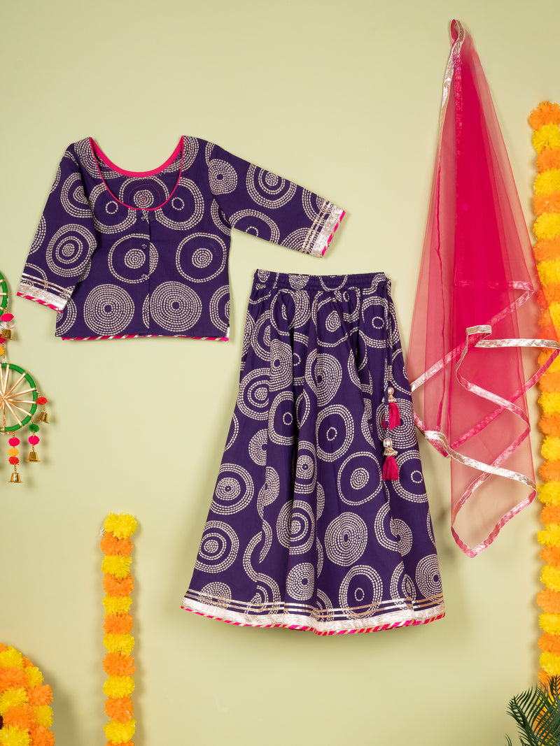 Brinjal Booti Work Round Neck Kids Girl Casual Kurta - Skirt - Dupatta