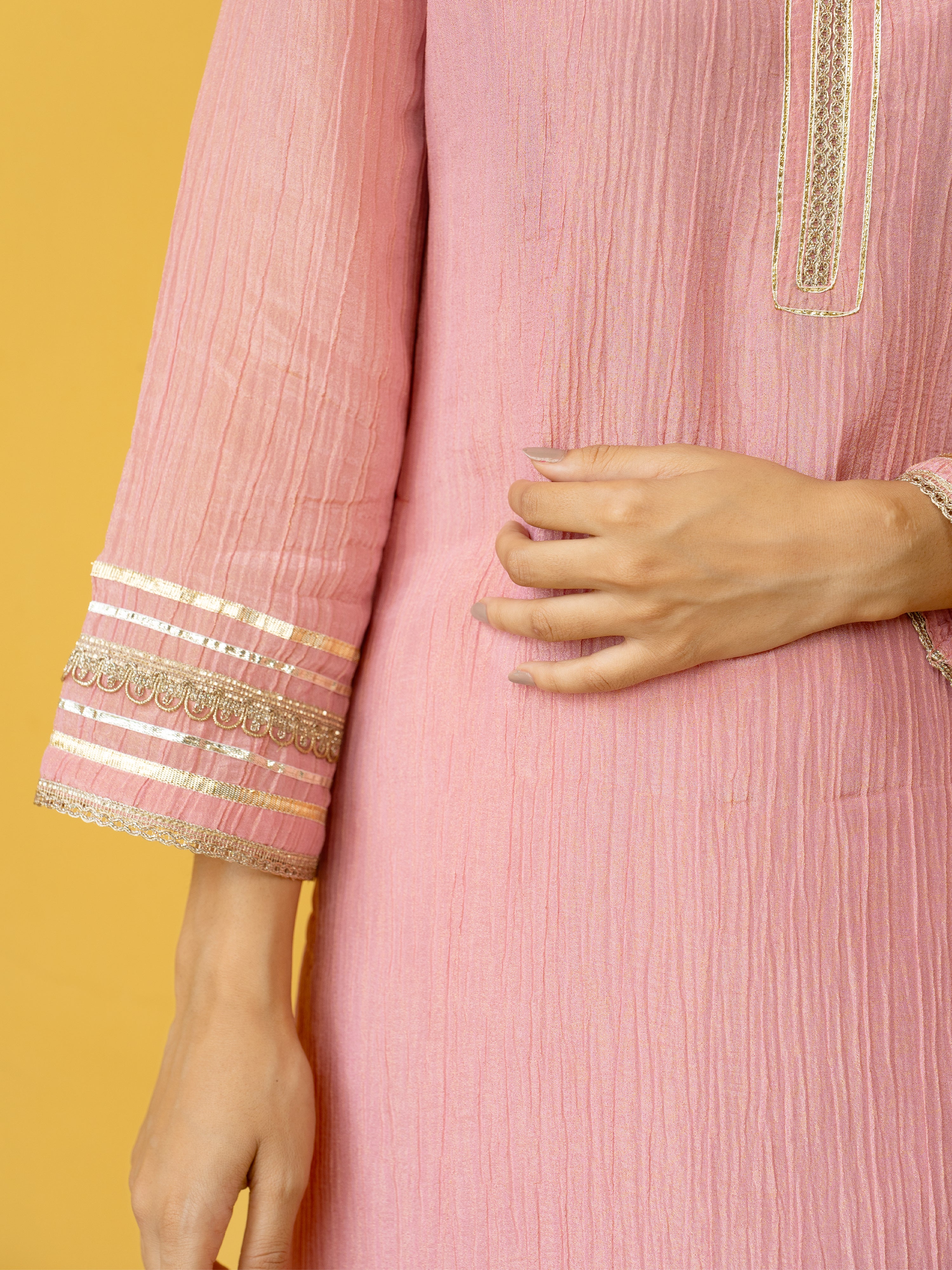 Pink Crushed Tissue Kurta Pant Set For Women's
