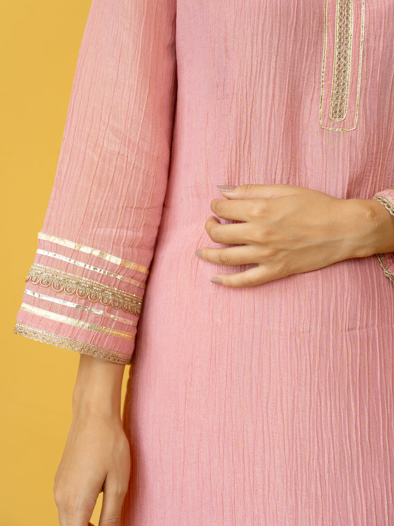 Pink Crushed Tissue Kurta Pant Set For Women's