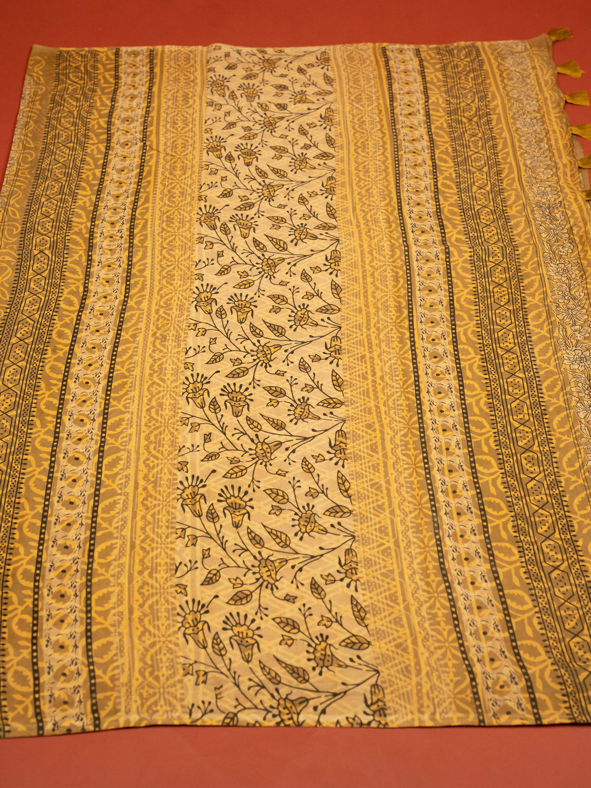 Yellow Color Cotton Block Printed Saree