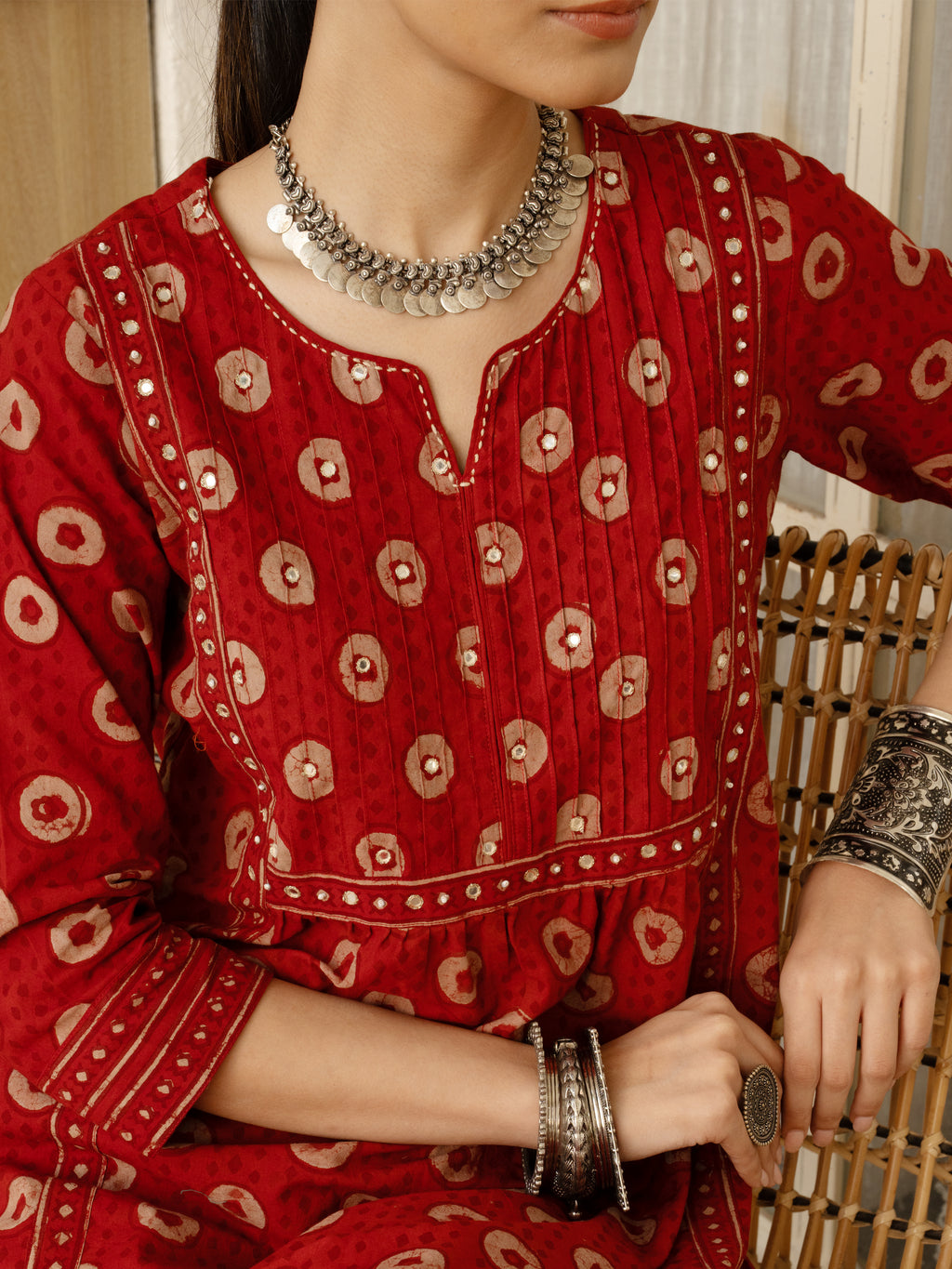 Red Cotton Hand Block Printed Round Neck Kurta For Women's
