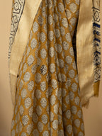 Dusty Yellow Cotton Block Print Saree