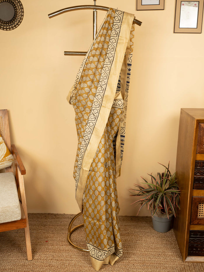 Dusty Yellow Cotton Block Print Saree