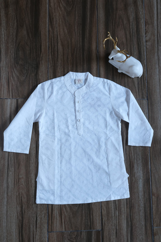 White Khadi Print Boys Kurta