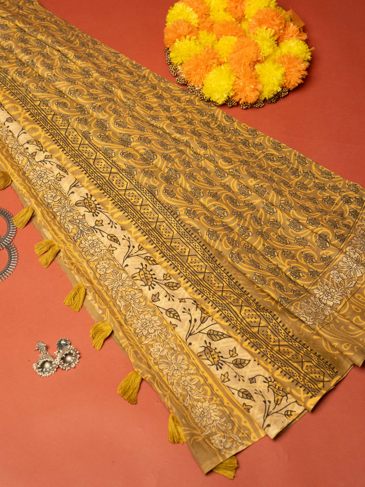 Yellow Color Cotton Block Printed Saree