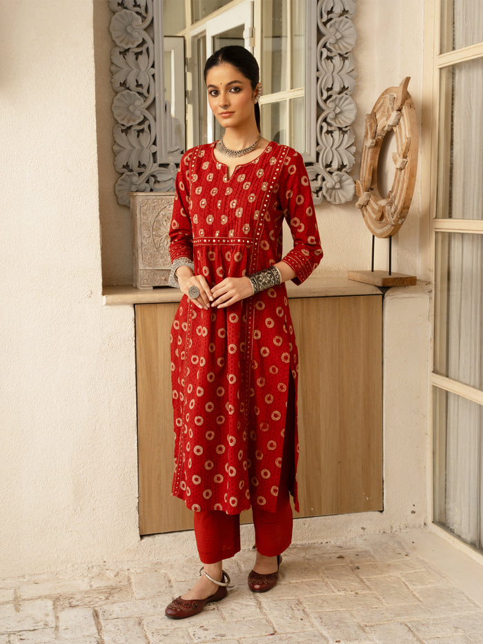 Red Cotton Hand Block Printed Round Neck Kurta For Women's