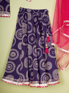 Brinjal Booti Work Round Neck Kids Girl Casual Kurta - Skirt - Dupatta