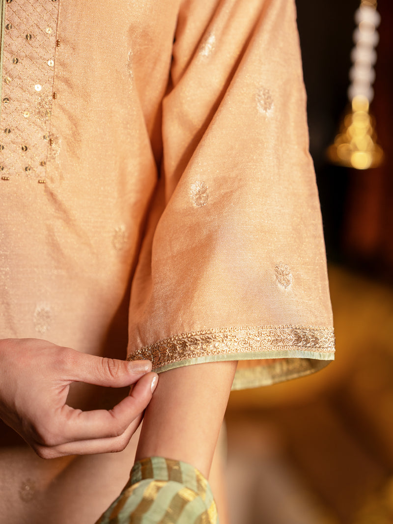 Peach Handloom Pure Silk Chanderi Round Neck Complete Suit Set For Women's