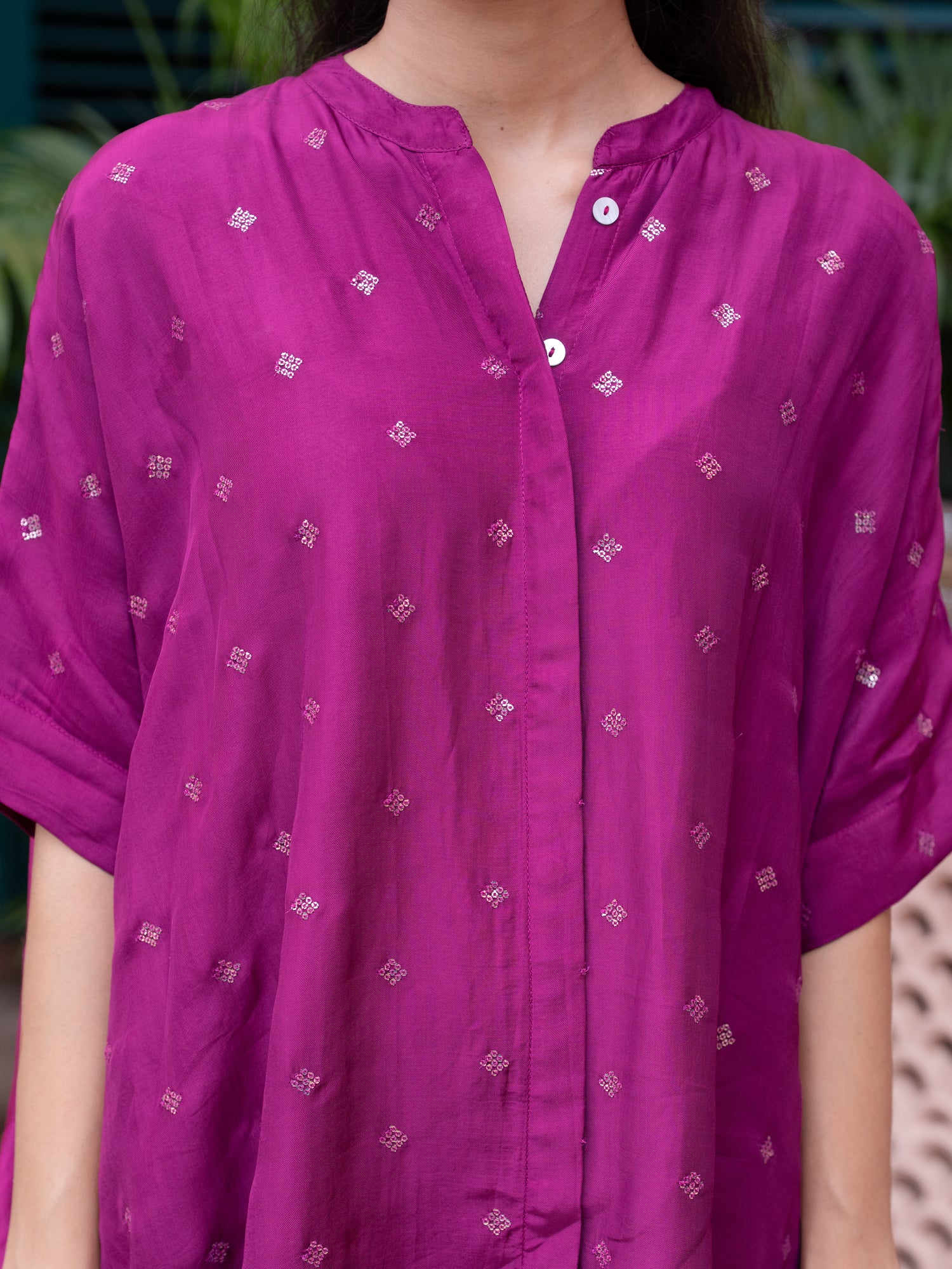 Brinjal Silk Collar Neck Kurta Pant Set For Women's