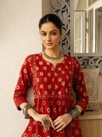 Red Cotton Hand Block Printed Round Neck Kurta For Women's