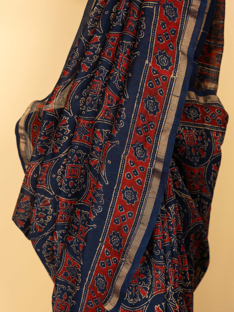 Indigo Color Chanderi Block Printed Saree