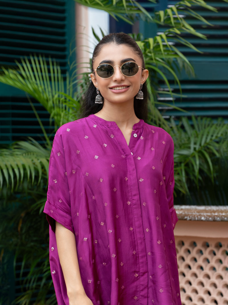 Brinjal Silk Collar Neck Kurta Pant Set For Women's