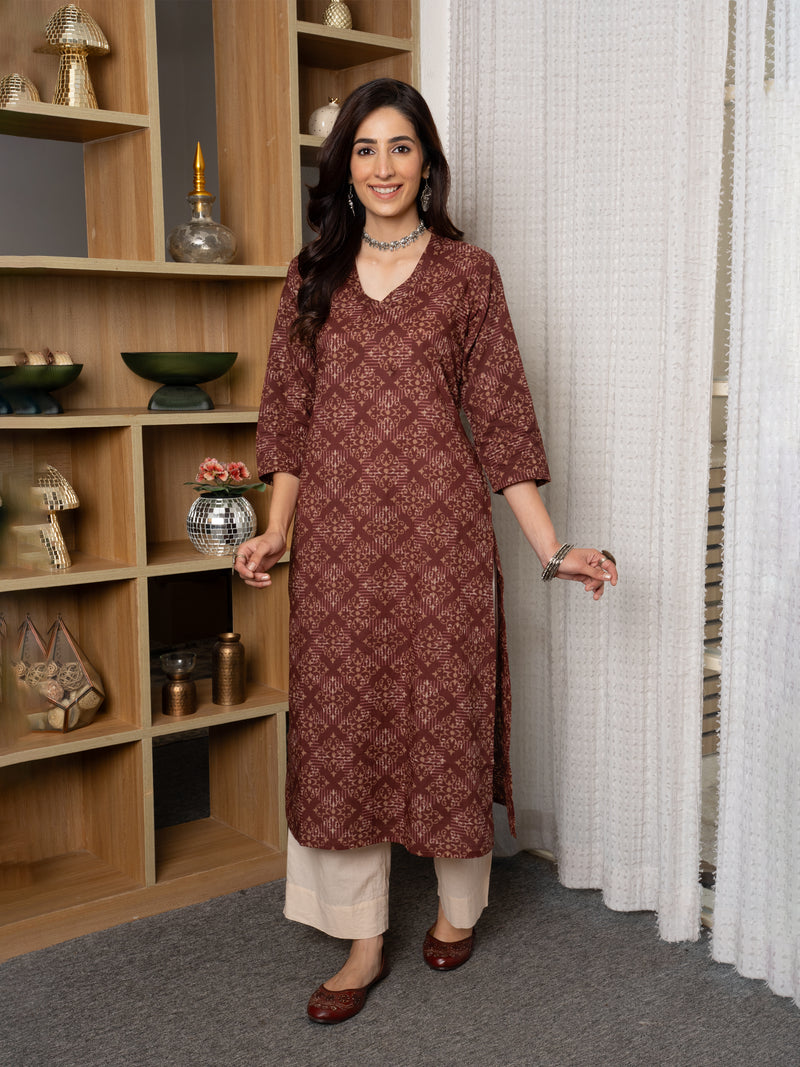 Brown Cotton V-Neck Printed Kurta For Women's