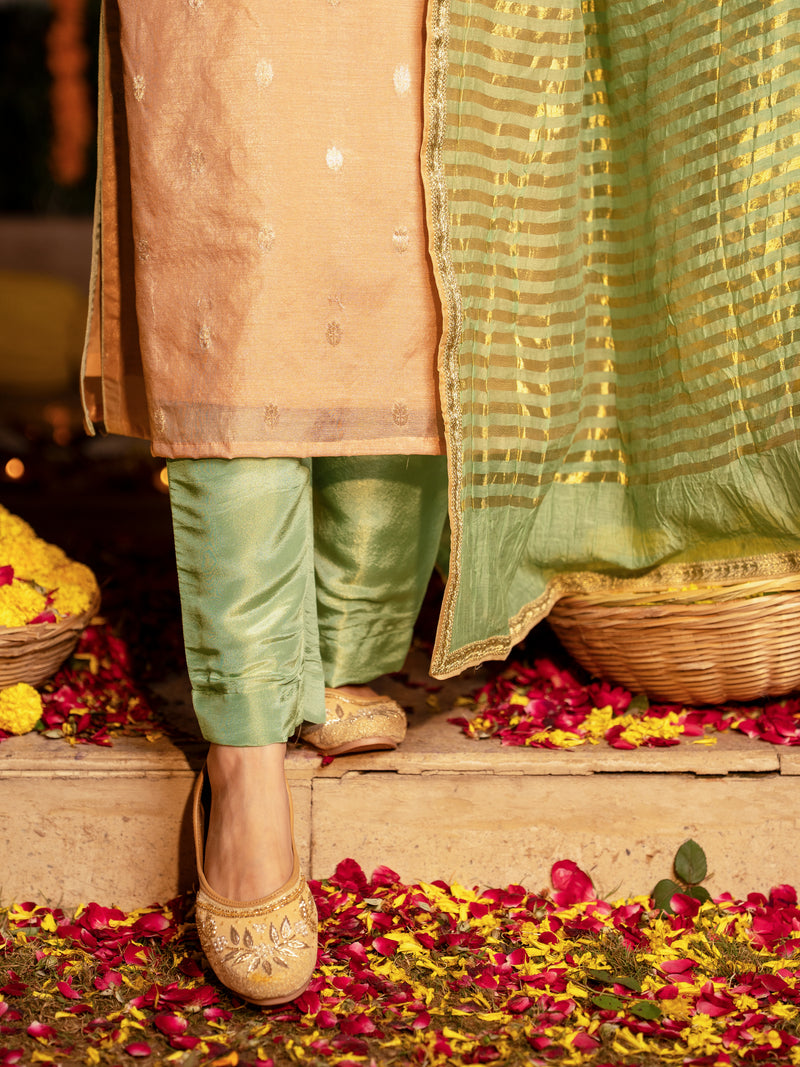 Peach Handloom Pure Silk Chanderi Round Neck Complete Suit Set For Women's