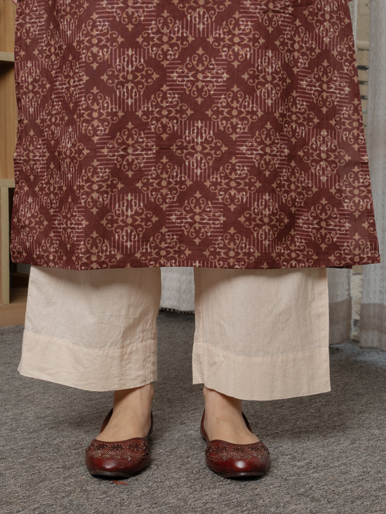 Brown Cotton V-Neck Printed Kurta For Women's