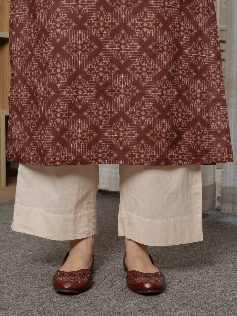Brown Cotton V-Neck Printed Kurta For Women's