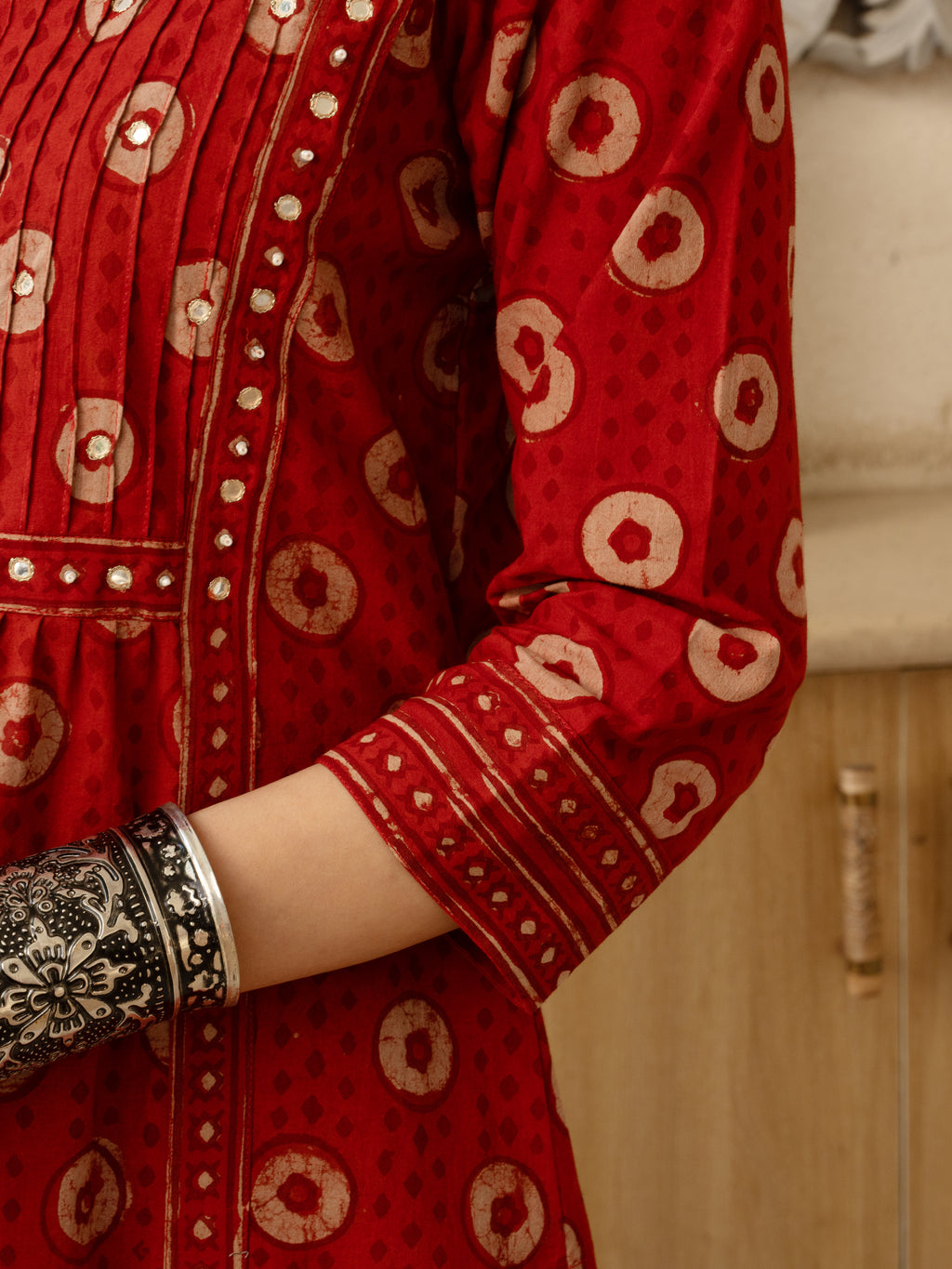 Red Cotton Hand Block Printed Round Neck Kurta For Women's