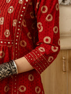 Red Cotton Hand Block Printed Round Neck Kurta For Women's