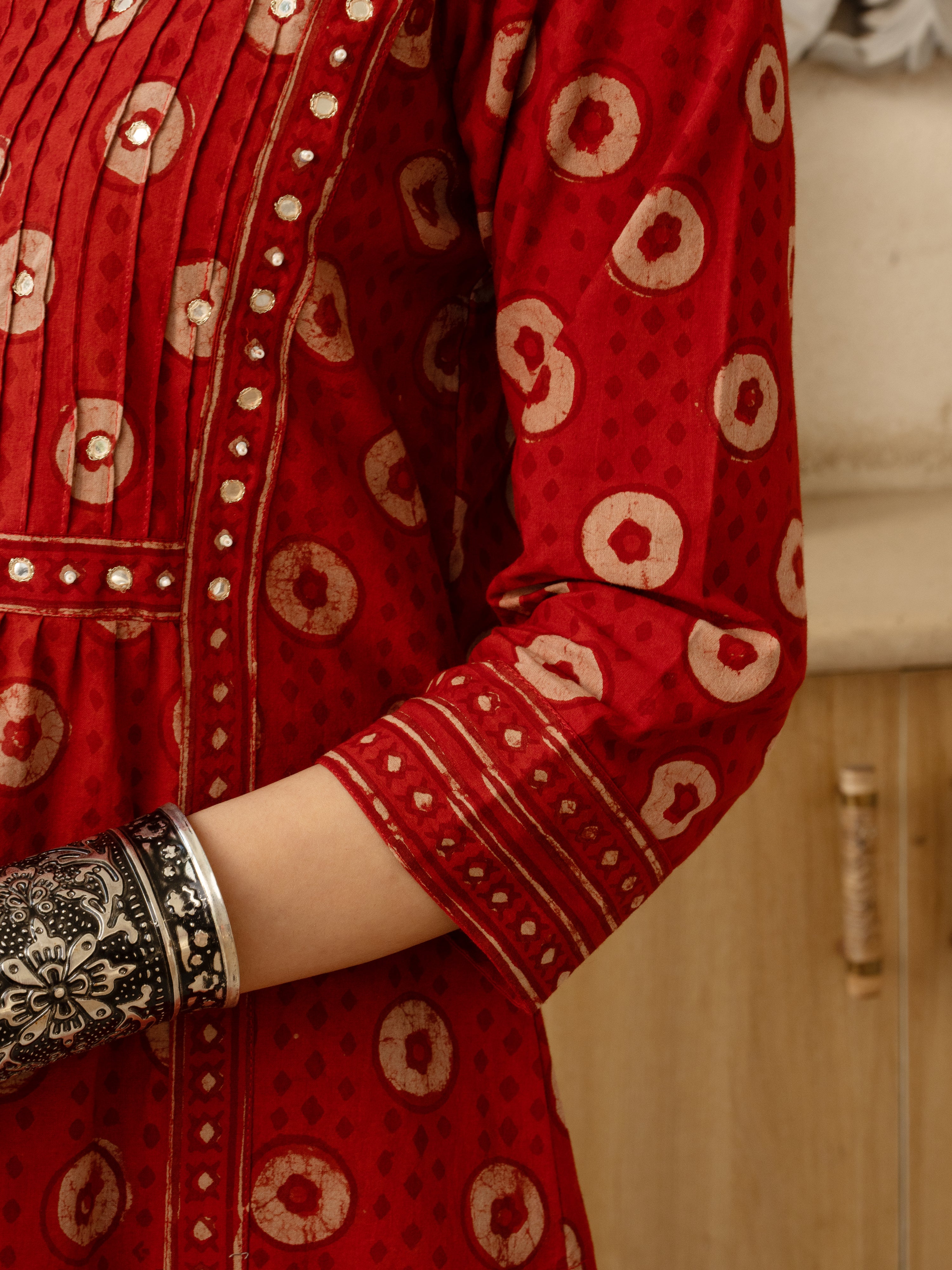Red Cotton Hand Block Printed Round Neck Kurta For Women's