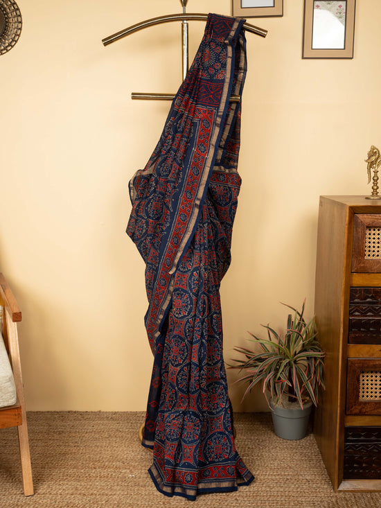 Indigo Color Chanderi Block Printed Saree