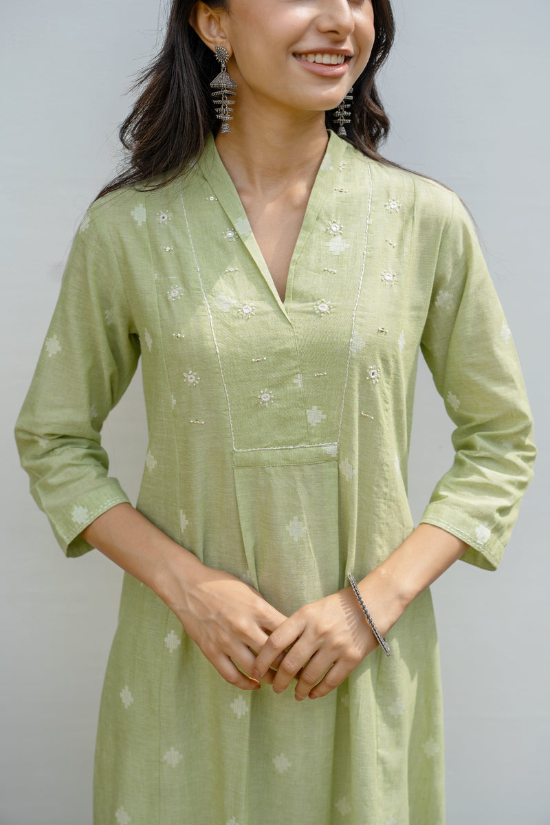 Light Green Cotton Handloom Kurta For Women's