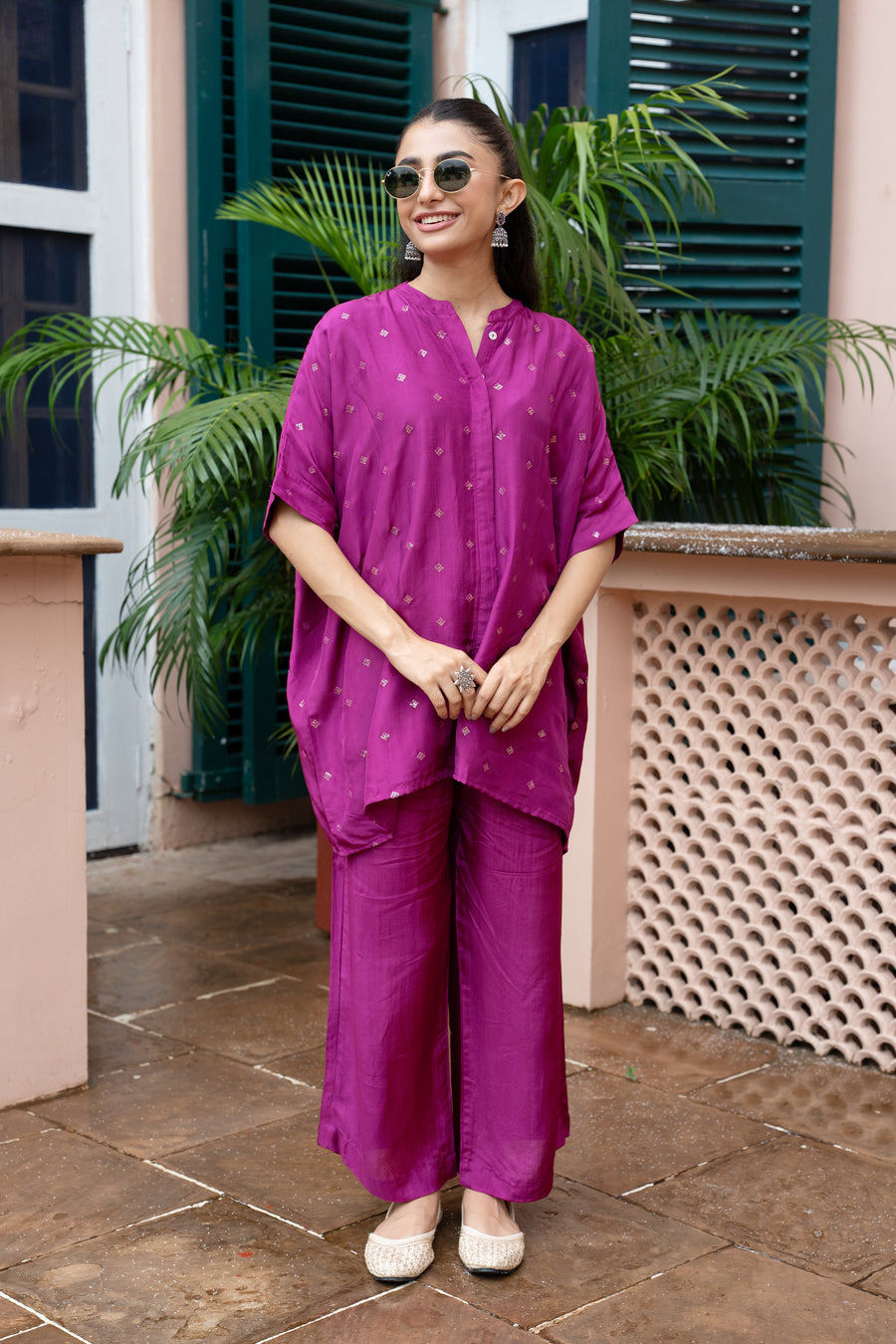 Brinjal Silk Collar Neck Kurta Pant Set For Women's
