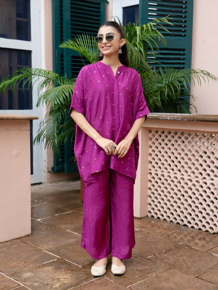 Brinjal Silk Collar Neck Kurta Pant Set For Women's