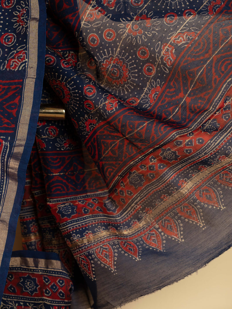 Indigo Color Chanderi Block Printed Saree