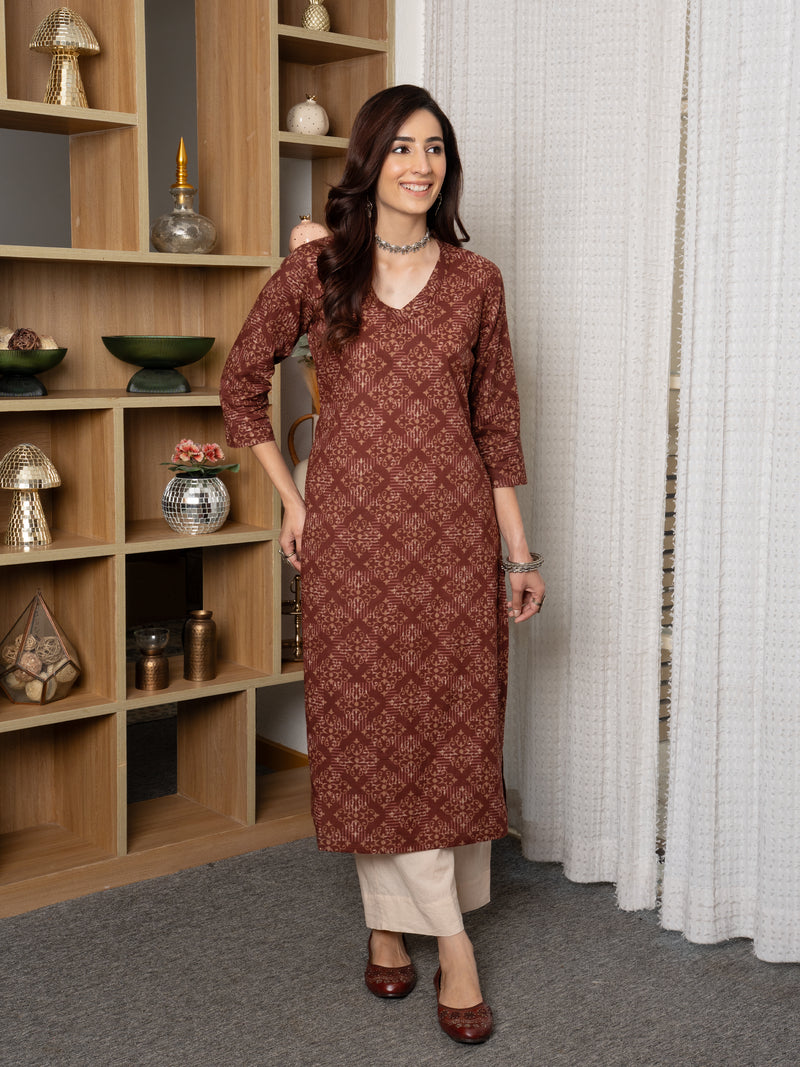 Brown Cotton V-Neck Printed Kurta For Women's