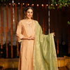 Peach Handloom Pure Silk Chanderi Round Neck Complete Suit Set For Women's