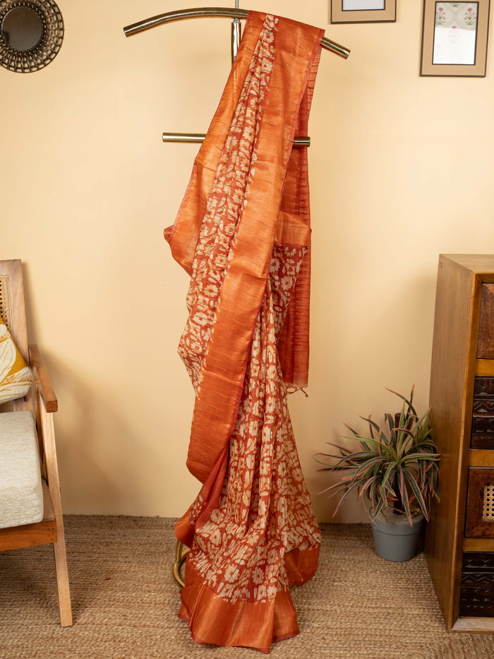 Dusty Red Cotton Block Printed Saree