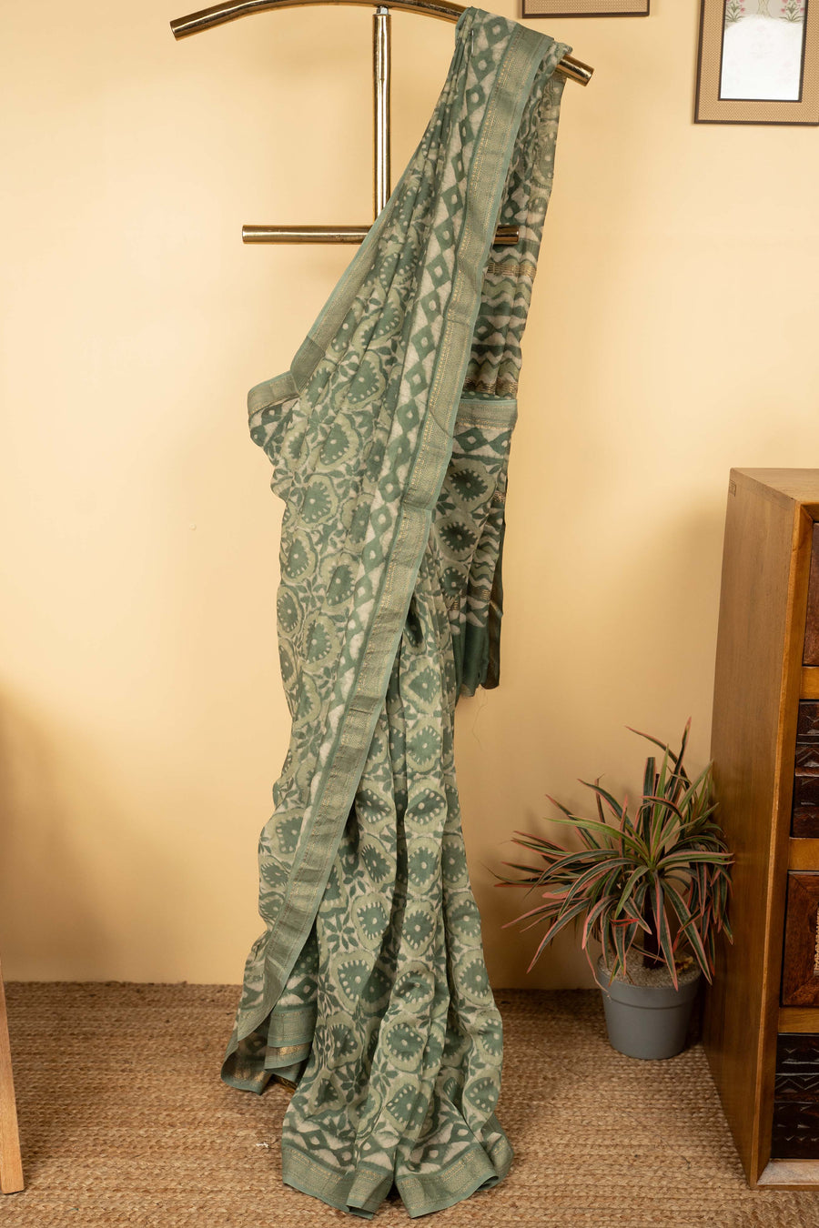 Pista Green Color Chanderi Block Printed Saree