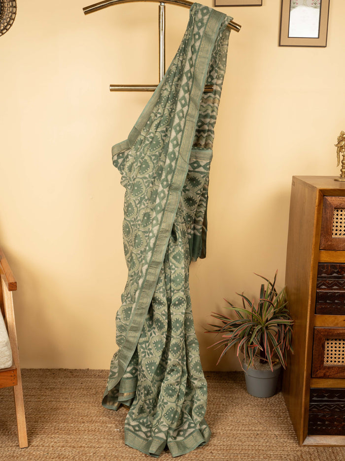 Pista Green Color Chanderi Block Printed Saree