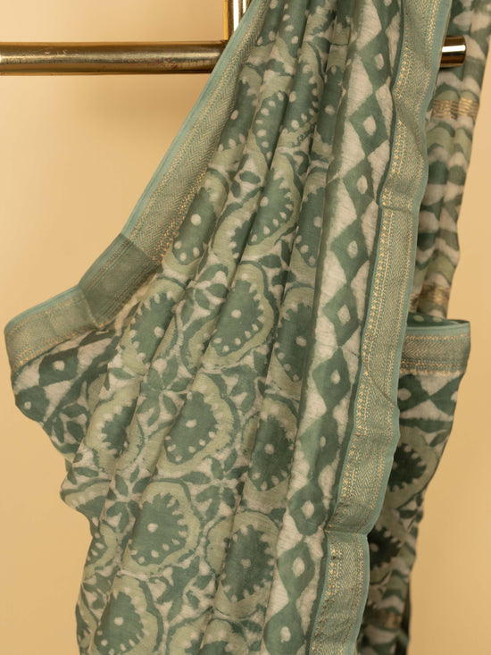 Pista Green Color Chanderi Block Printed Saree