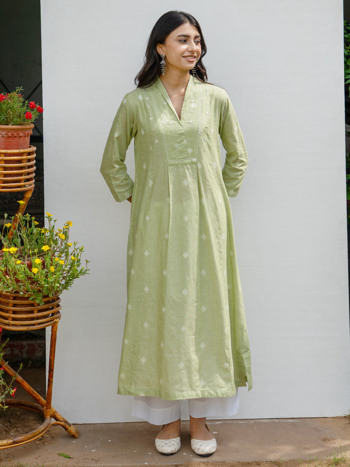 Light Green Cotton Handloom Kurta For Women's