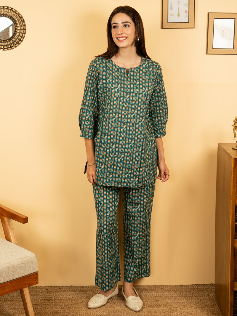 Sea Green Cotton Round With V Neck Abstract Print Lounge Wear