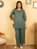 Sea Green Cotton Round With V Neck Abstract Print Lounge Wear