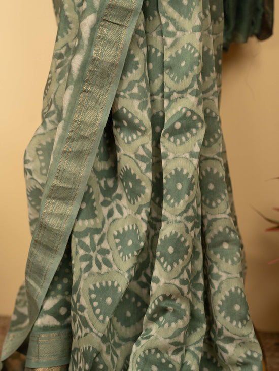 Pista Green Color Chanderi Block Printed Saree