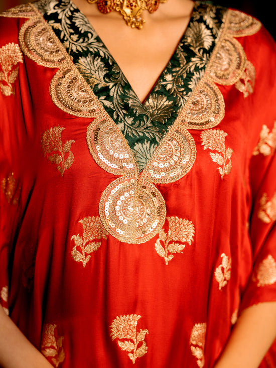Red Cotton Silk V-Neck Kaftan For Women's
