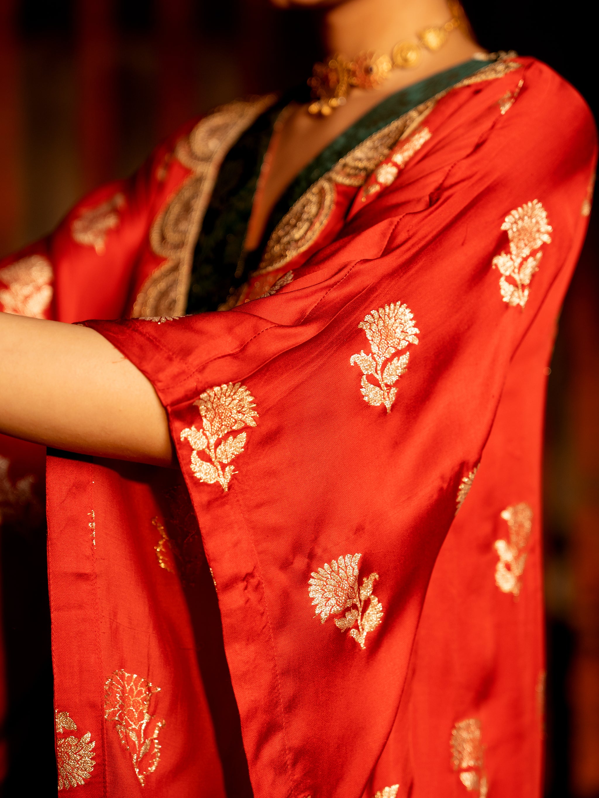 Red Cotton Silk V-Neck Kaftan For Women's