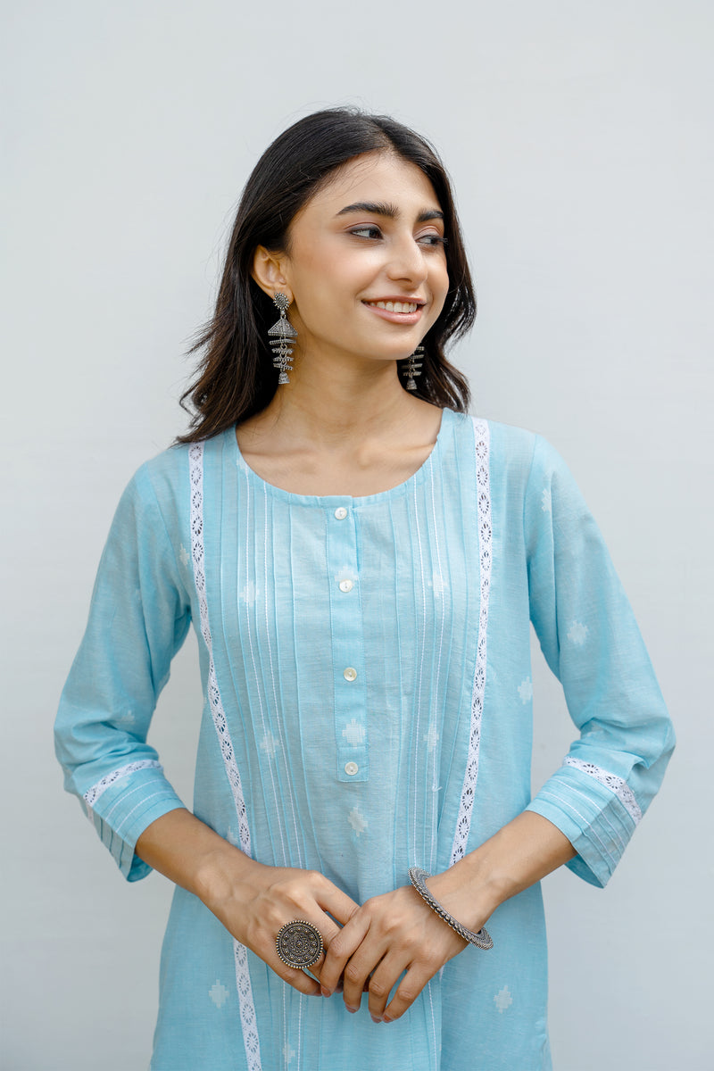 SkyBlue Cotton Handloom Kurta For Women's