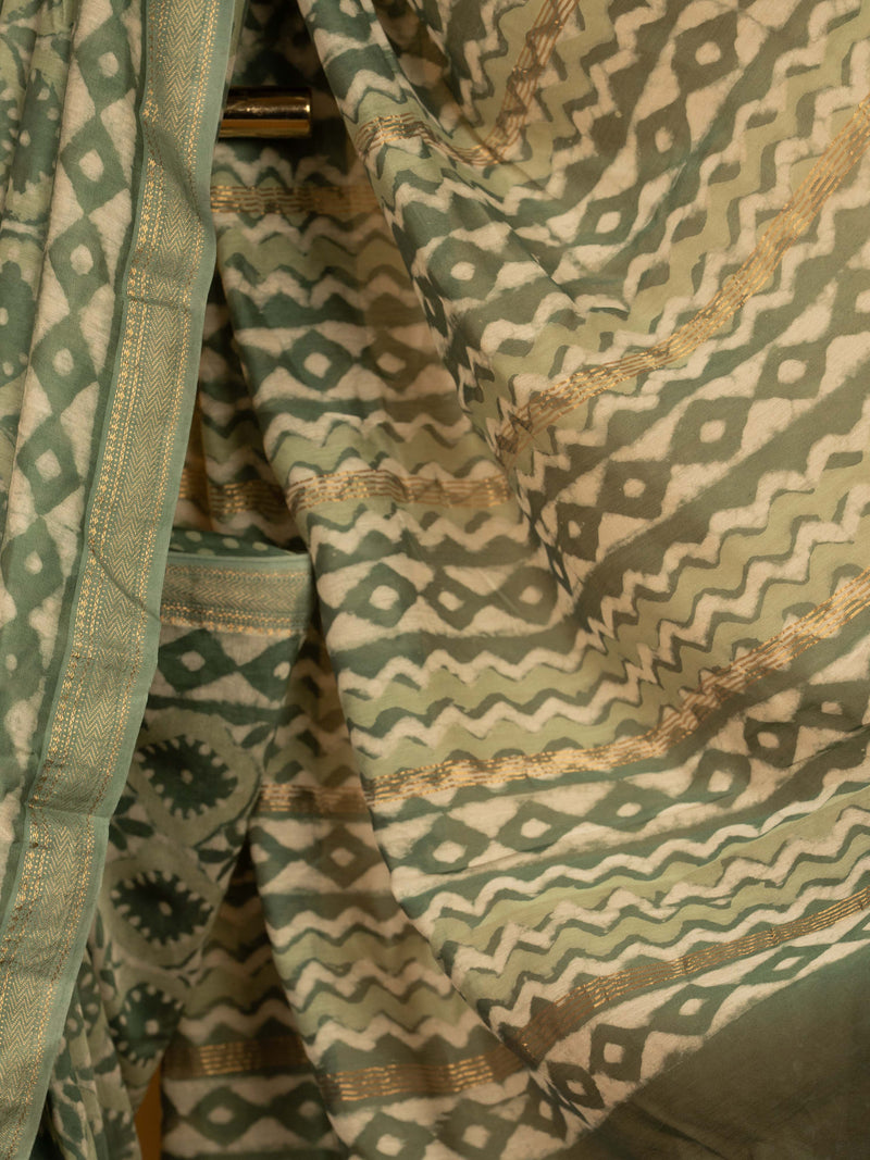 Pista Green Color Chanderi Block Printed Saree