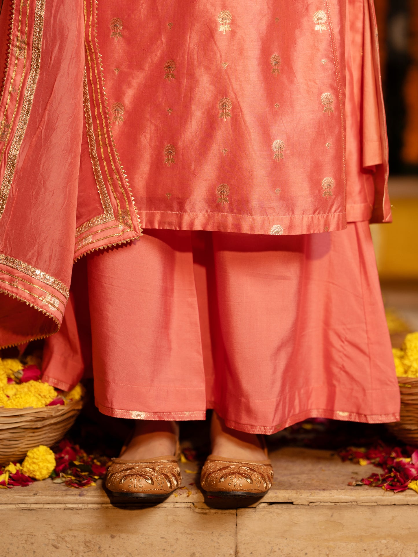 Peach Pure Chanderi Round Neck Complete Suit Set For Women's