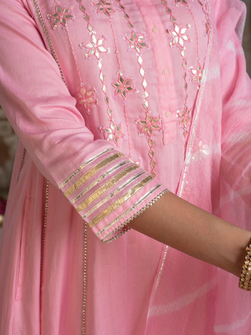 BABY PINK JAM COTTON ROUND NECK HAND DONE LEHERIYA DUPATTA FULL SET